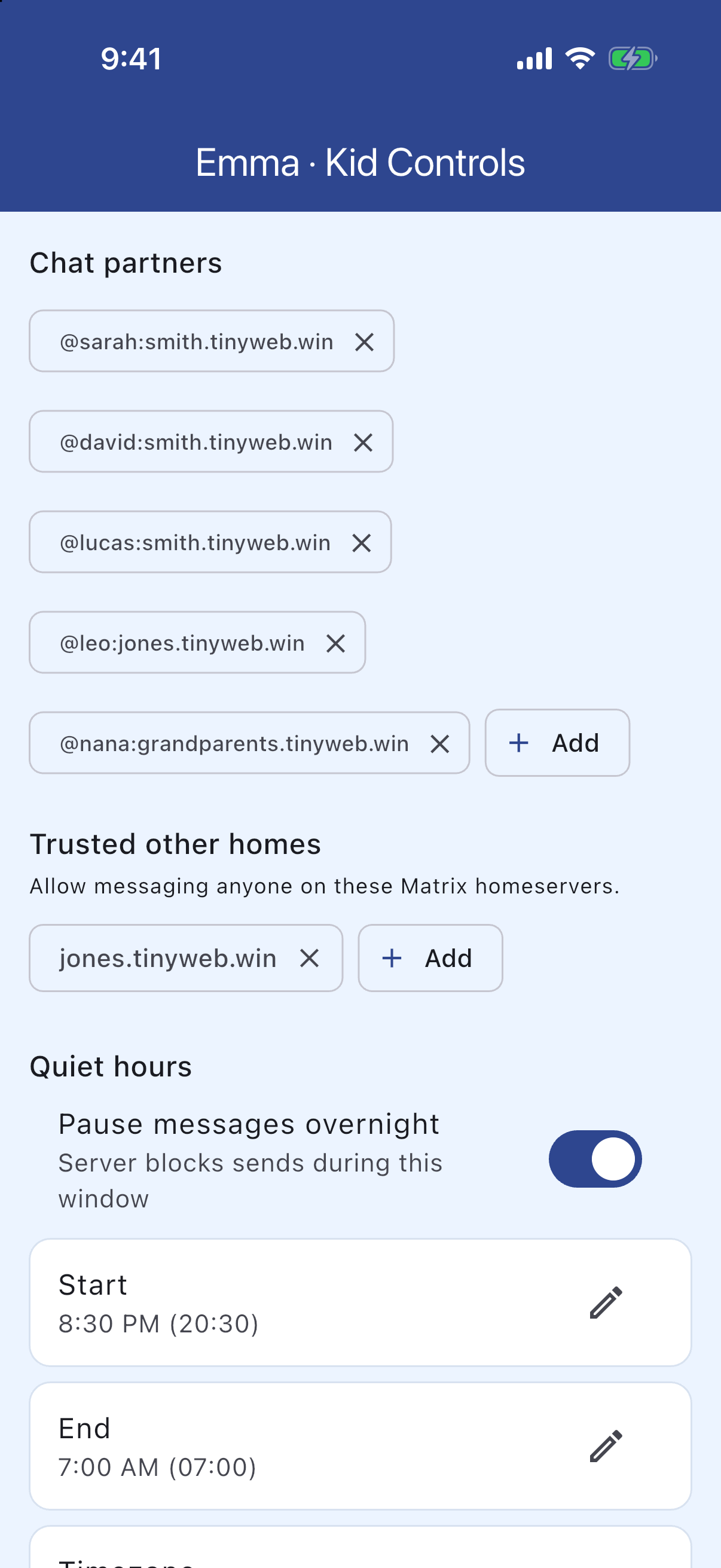Emma Kid Controls: approved contacts and quiet hours