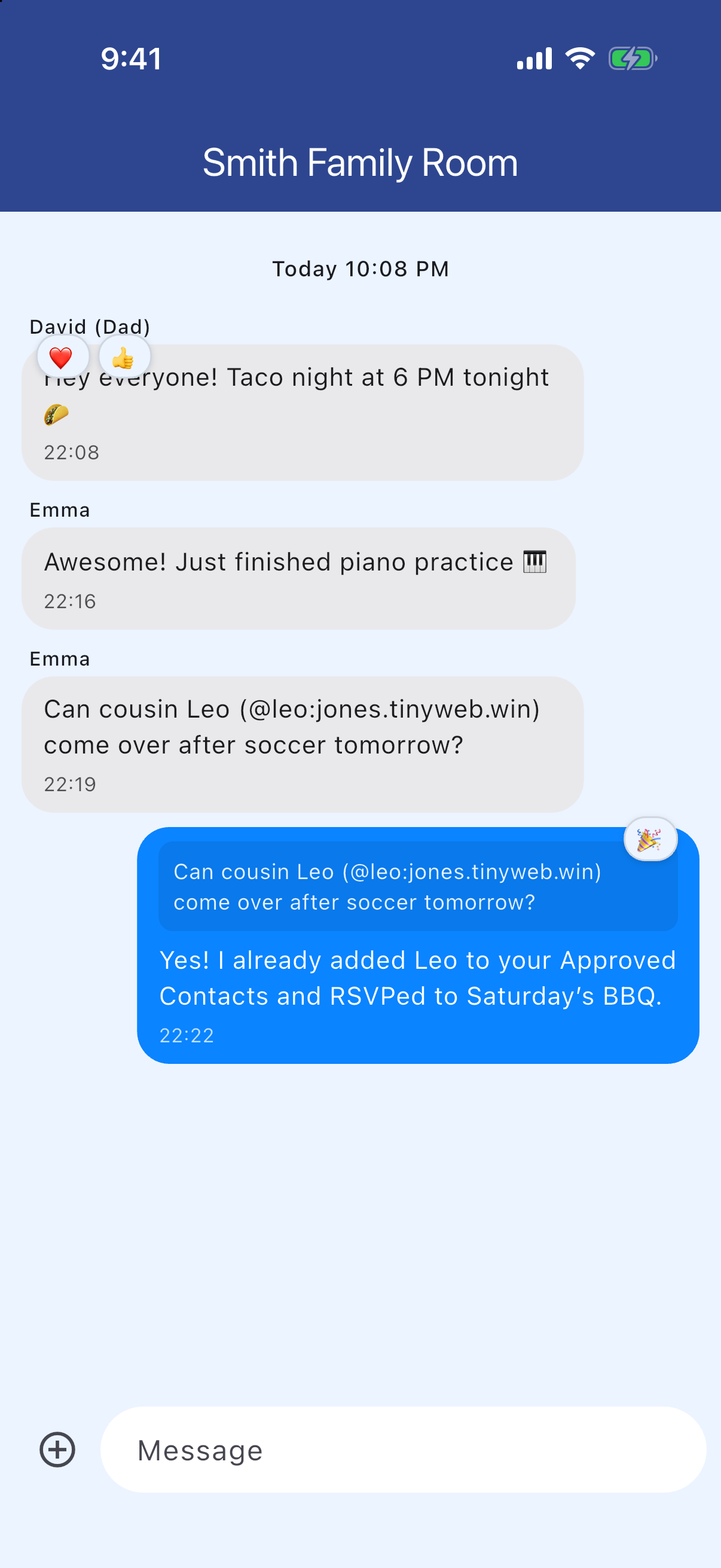 Smith Family Room chat with reactions and swipe-to-reply