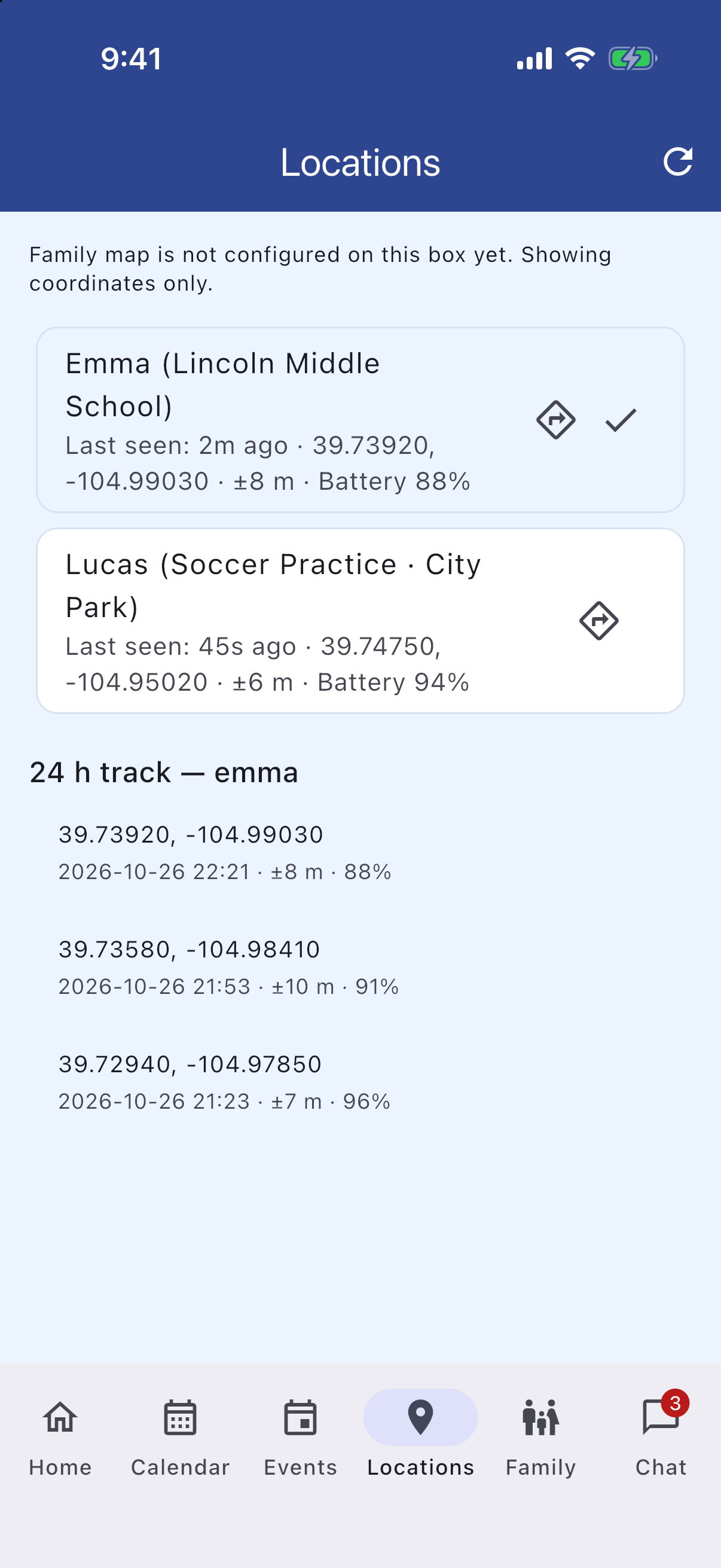 Locations view with live timestamps, battery, and Open in Maps