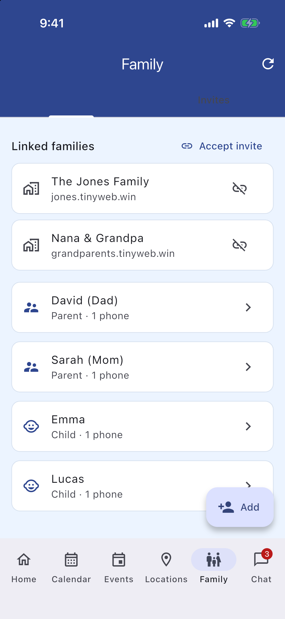Family tab with linked households and members