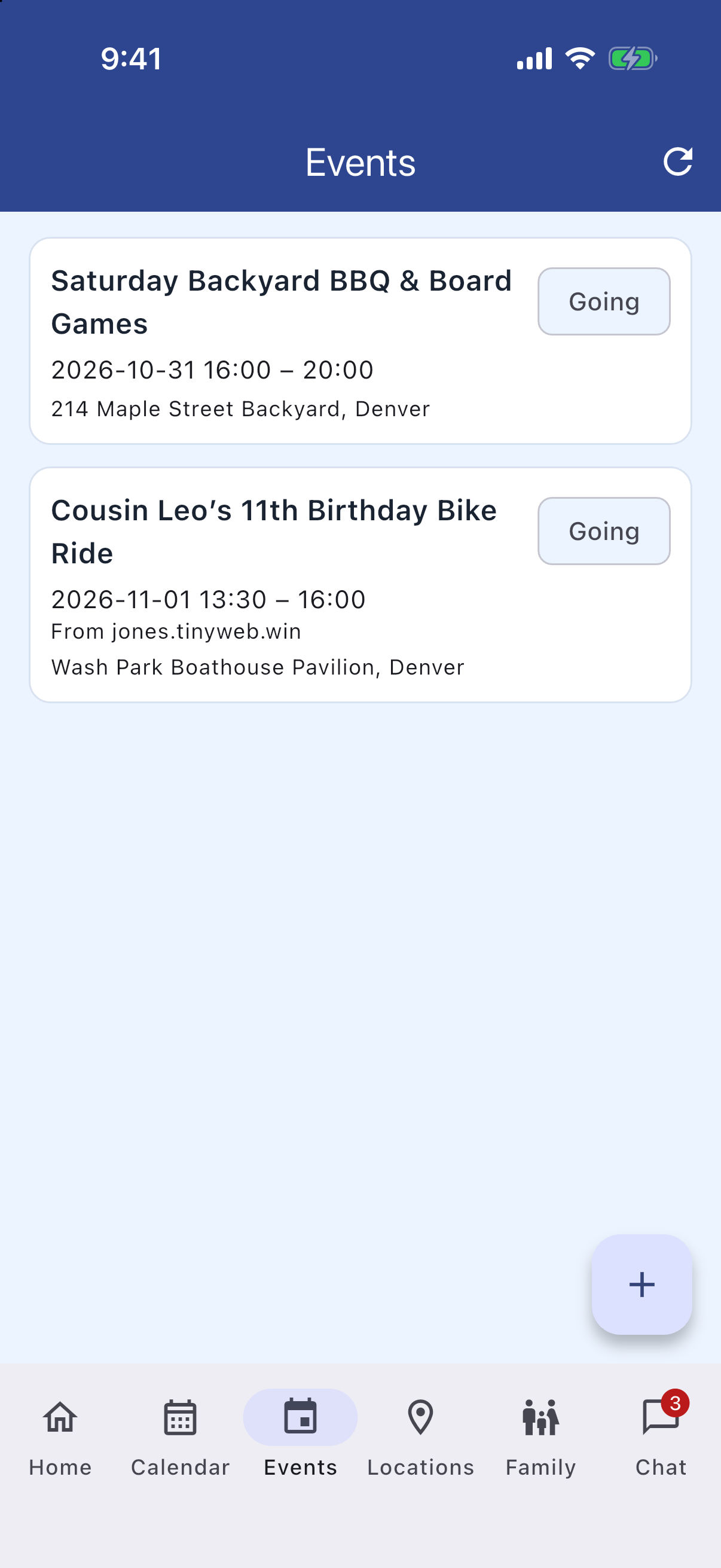 Events tab with local and federated events and Going chips