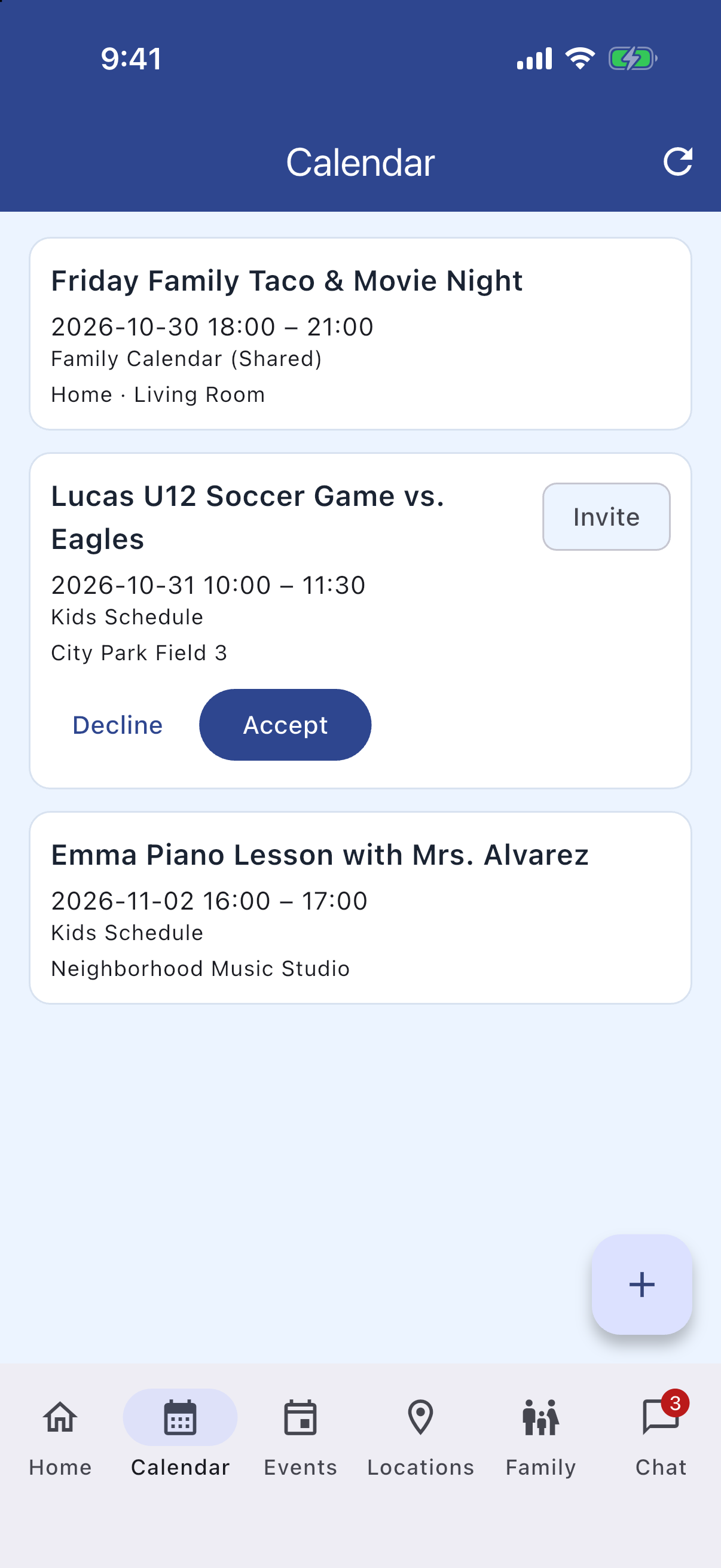 Calendar with Family Calendar, Kids Schedule, and Accept or Decline invites